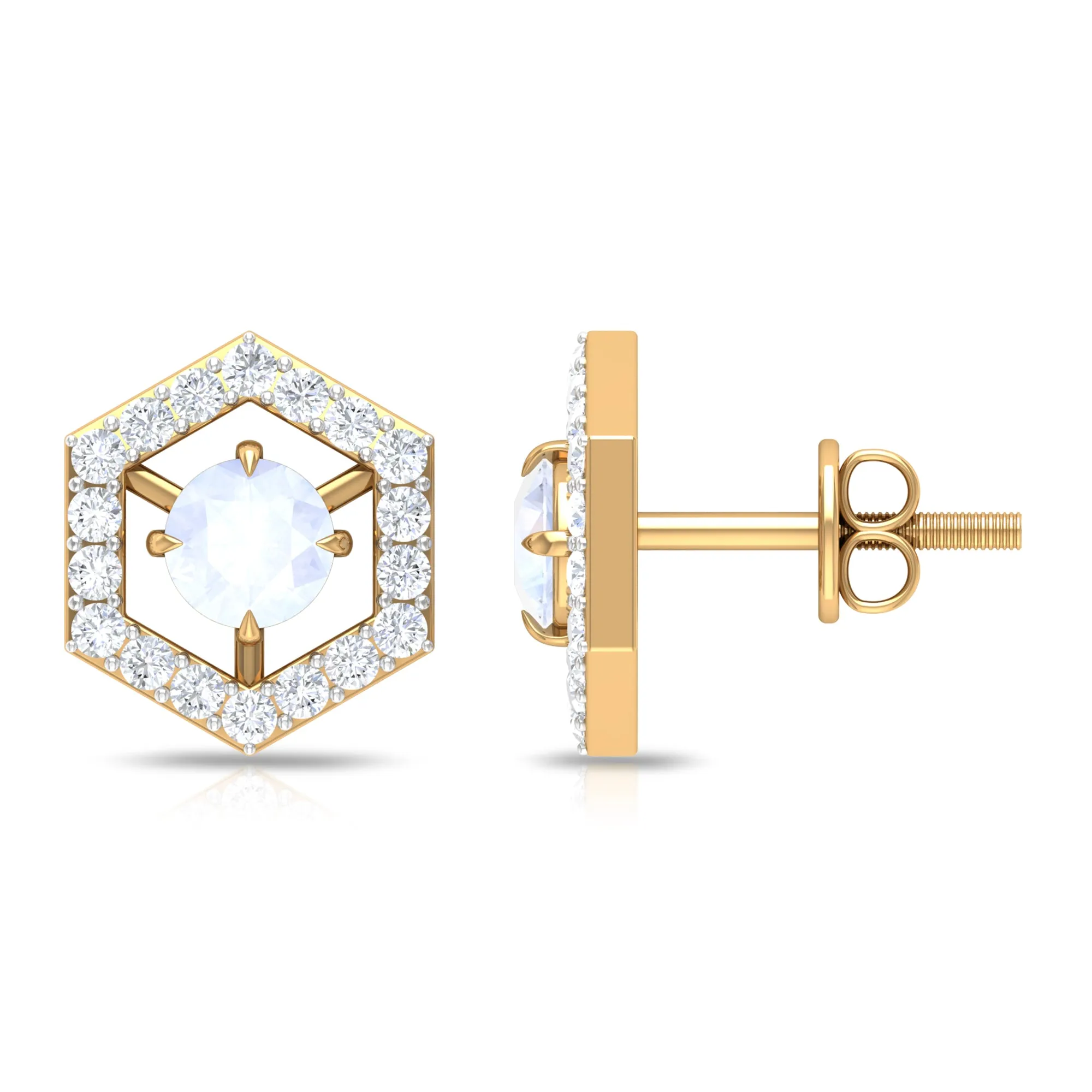 1 CT Minimal Moonstone and Diamond Geometric Stud Earrings