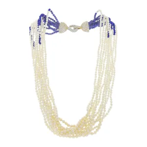 10-Strand Pearl and Lapis Lazuli Necklace with Diamond Clasp