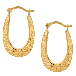 10k Yellow Gold Shiny Swirl Design Oval Hoop Earrings, Length 20mm