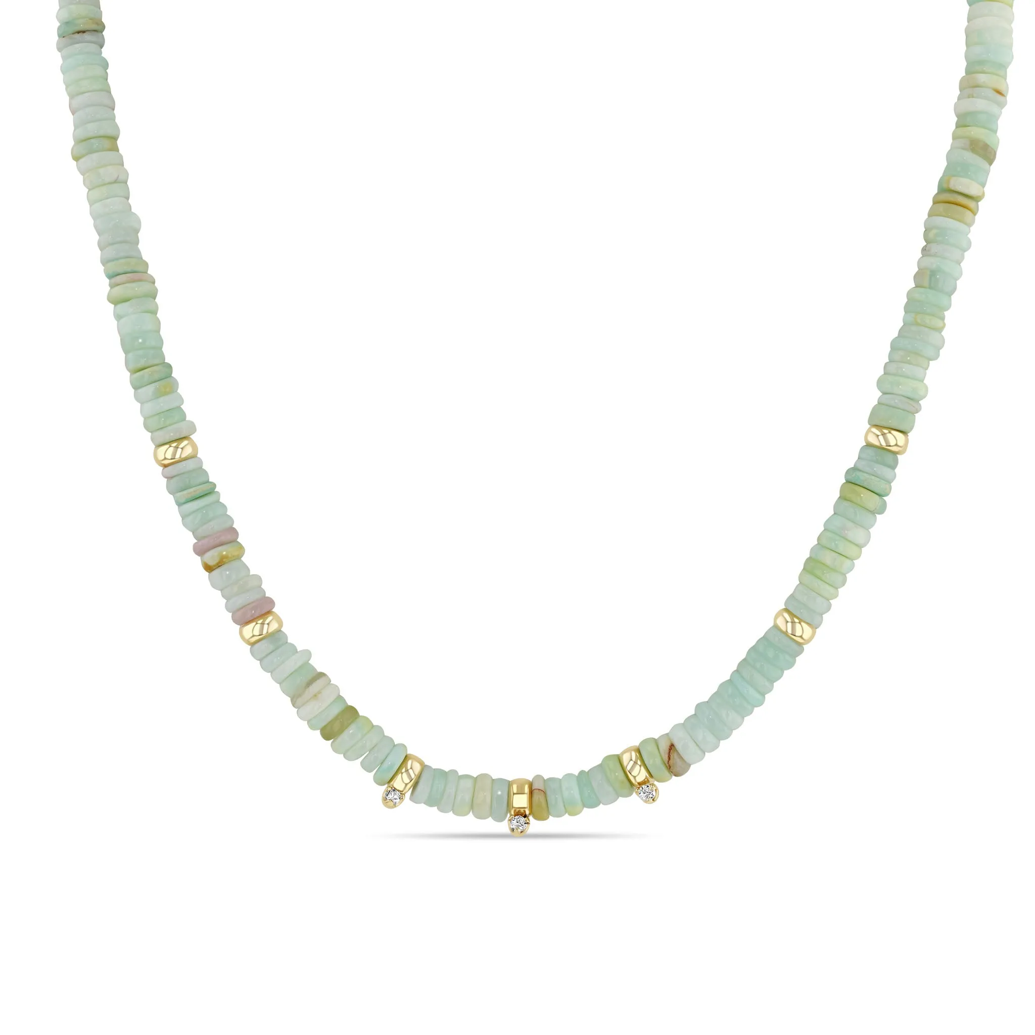 14k Gold & Mixed Light Blue Opal Rondelle Bead Necklace with 3 Prong Diamonds