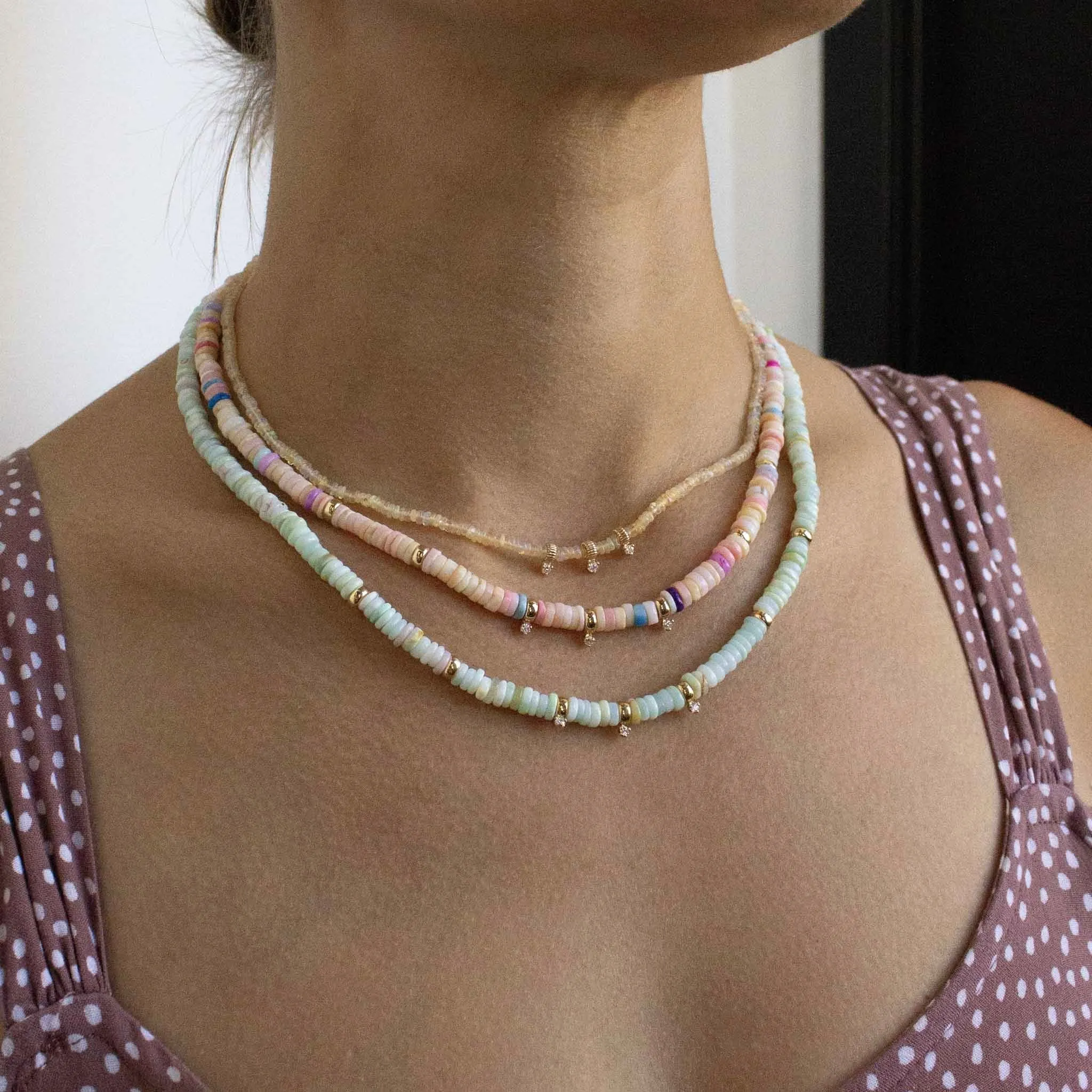 14k Gold & Mixed Light Blue Opal Rondelle Bead Necklace with 3 Prong Diamonds