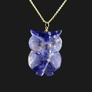 14K Gold Carved Lapis Lazuli Owl Pendant