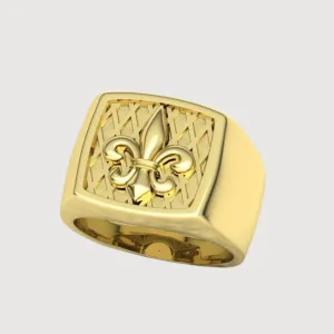 14k Gold Fleur-de-Lis Signet Ring - Cushion Top Design for Men