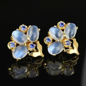 14K Gold Sapphire Cabochon Moonstone Earrings