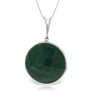 14K Solid White Gold Necklace w/ Checkerboard Cut Round Emerald Color Corundum