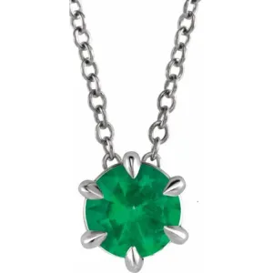 14K White 4 mm Lab-Grown Emerald Solitaire 16-18" Necklace