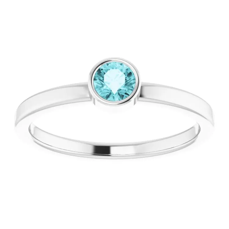 14K White 4 mm Natural Blue Zircon Ring