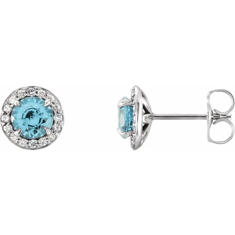 14K White 5 mm Natural Blue Zircon & 1/8 CTW Natural Diamond Earrings