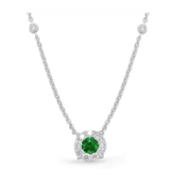 14K White Gold Emerald Pendant with Diamond Halo Necklace