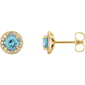 14K Yellow 3.5 mm Natural Blue Zircon & 1/8 CTW Natural Diamond Earrings