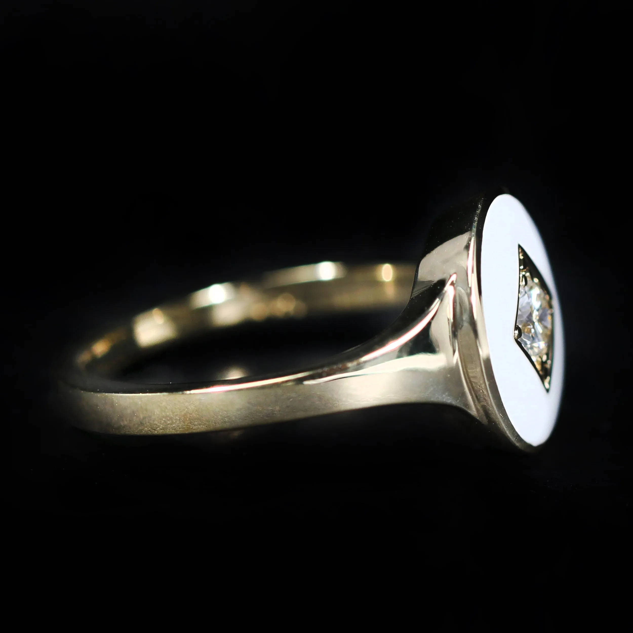 14k Yellow Gold 0.18 Carat Diamond and Enamel Signet Ring