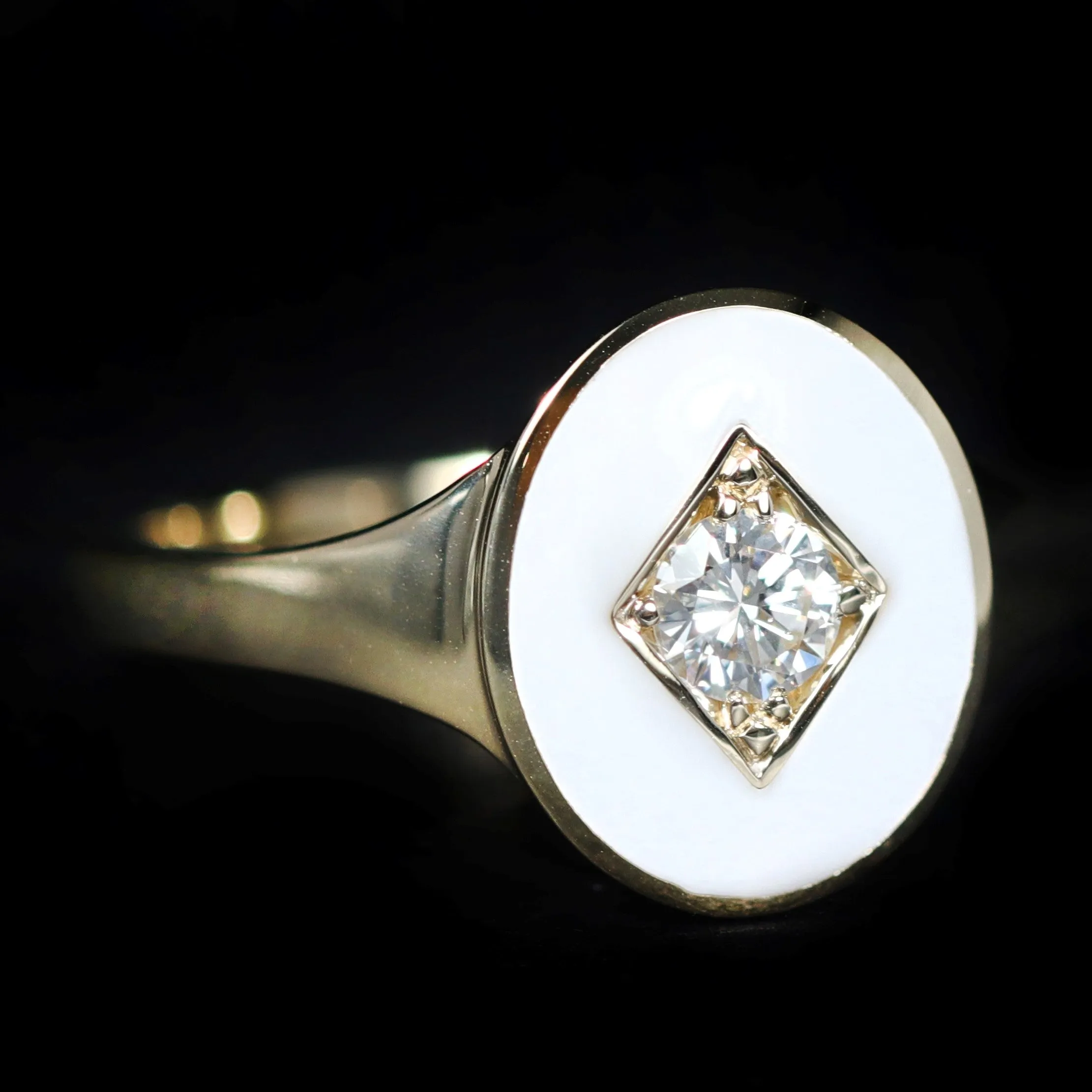 14k Yellow Gold 0.18 Carat Diamond and Enamel Signet Ring