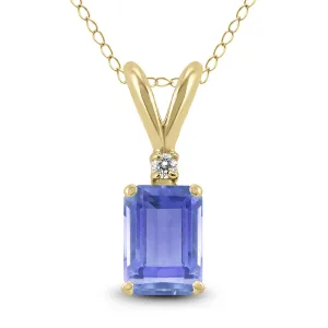 14K Yellow Gold 6X4Mm Emerald Shaped Tanzanite And Diamond Pendant