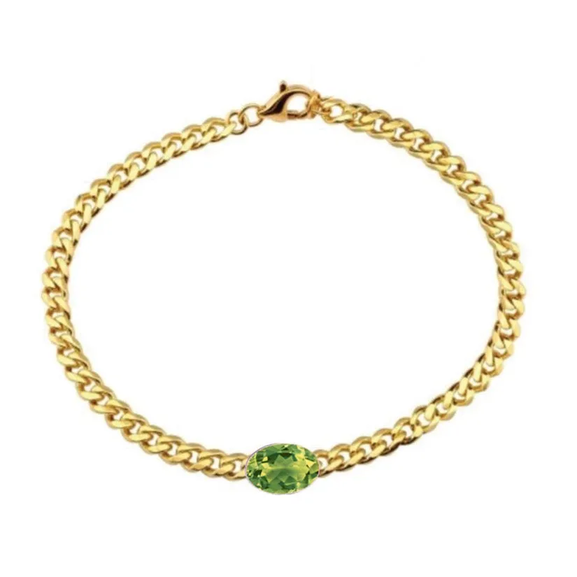 14K Yellow Gold Bezel Oval Cut Peridot Cuban Chain Bracelet