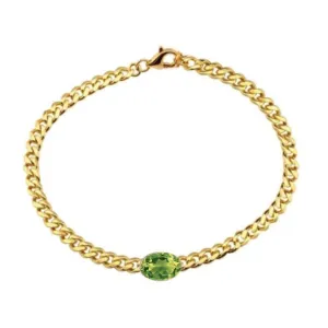 14K Yellow Gold Bezel Oval Cut Peridot Cuban Chain Bracelet