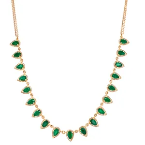 14K Yellow Gold Diamond   Emerald Pear Shaped Necklace