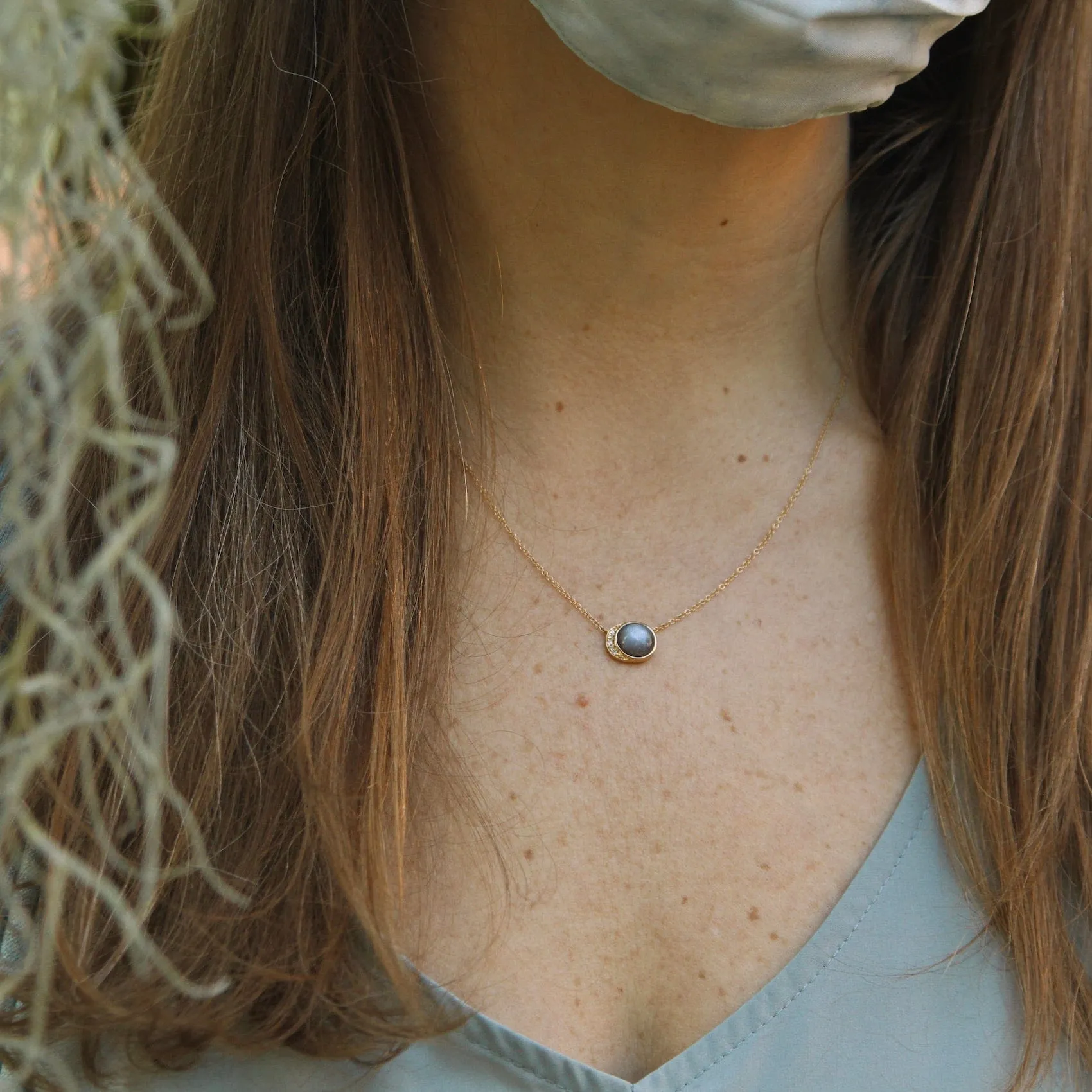 14k Yellow Gold Moon Phase Necklace with Bezel Set Grey Moonstone