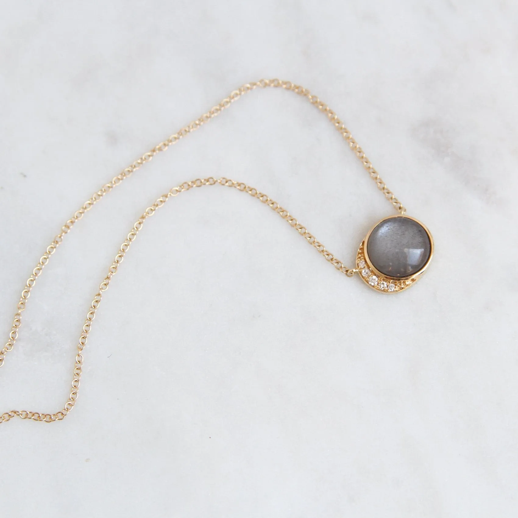 14k Yellow Gold Moon Phase Necklace with Bezel Set Grey Moonstone