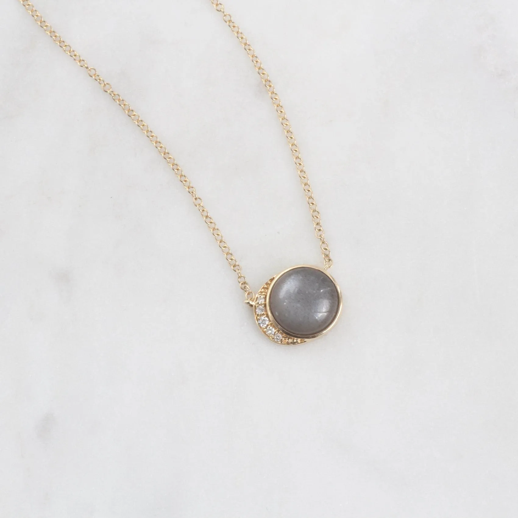 14k Yellow Gold Moon Phase Necklace with Bezel Set Grey Moonstone