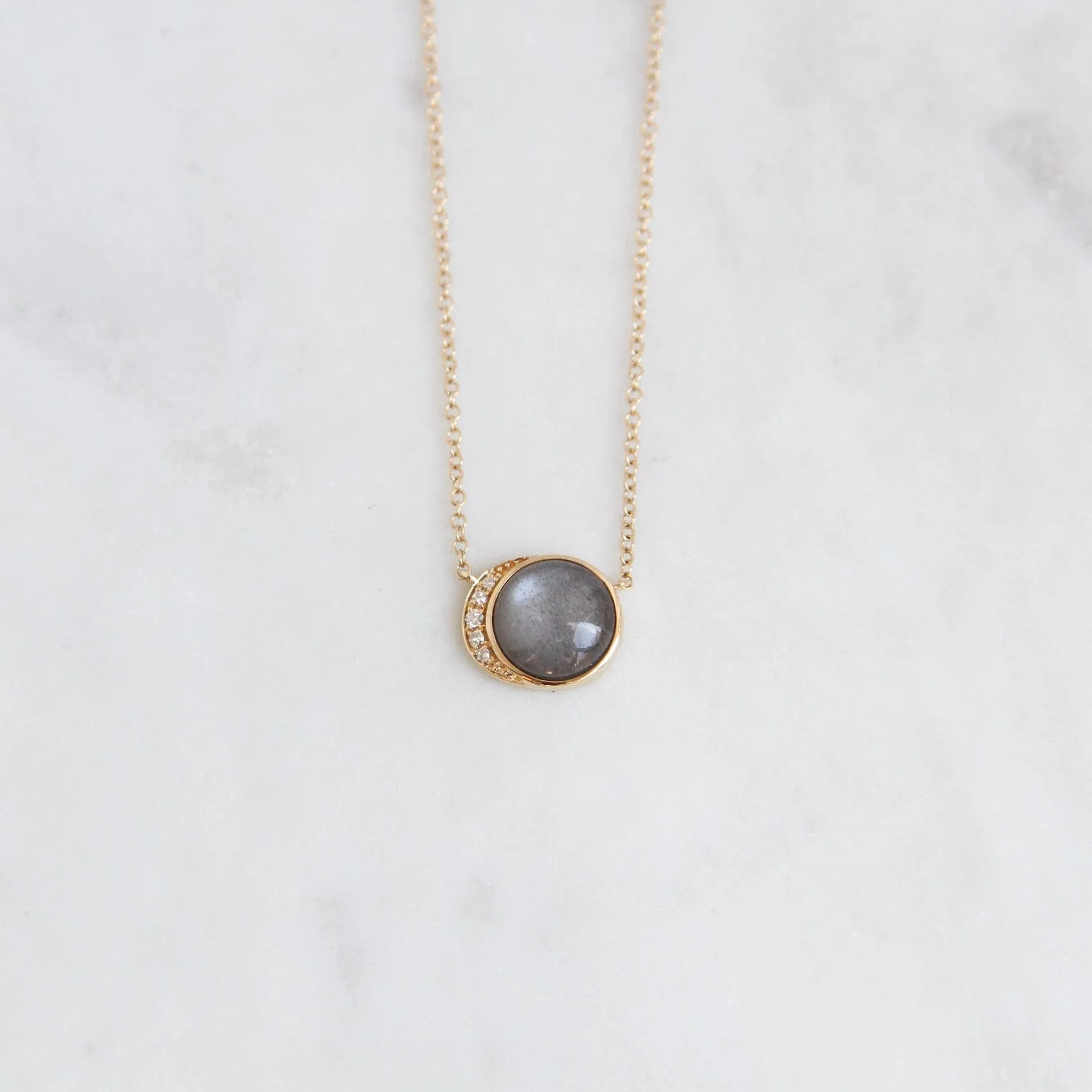 14k Yellow Gold Moon Phase Necklace with Bezel Set Grey Moonstone