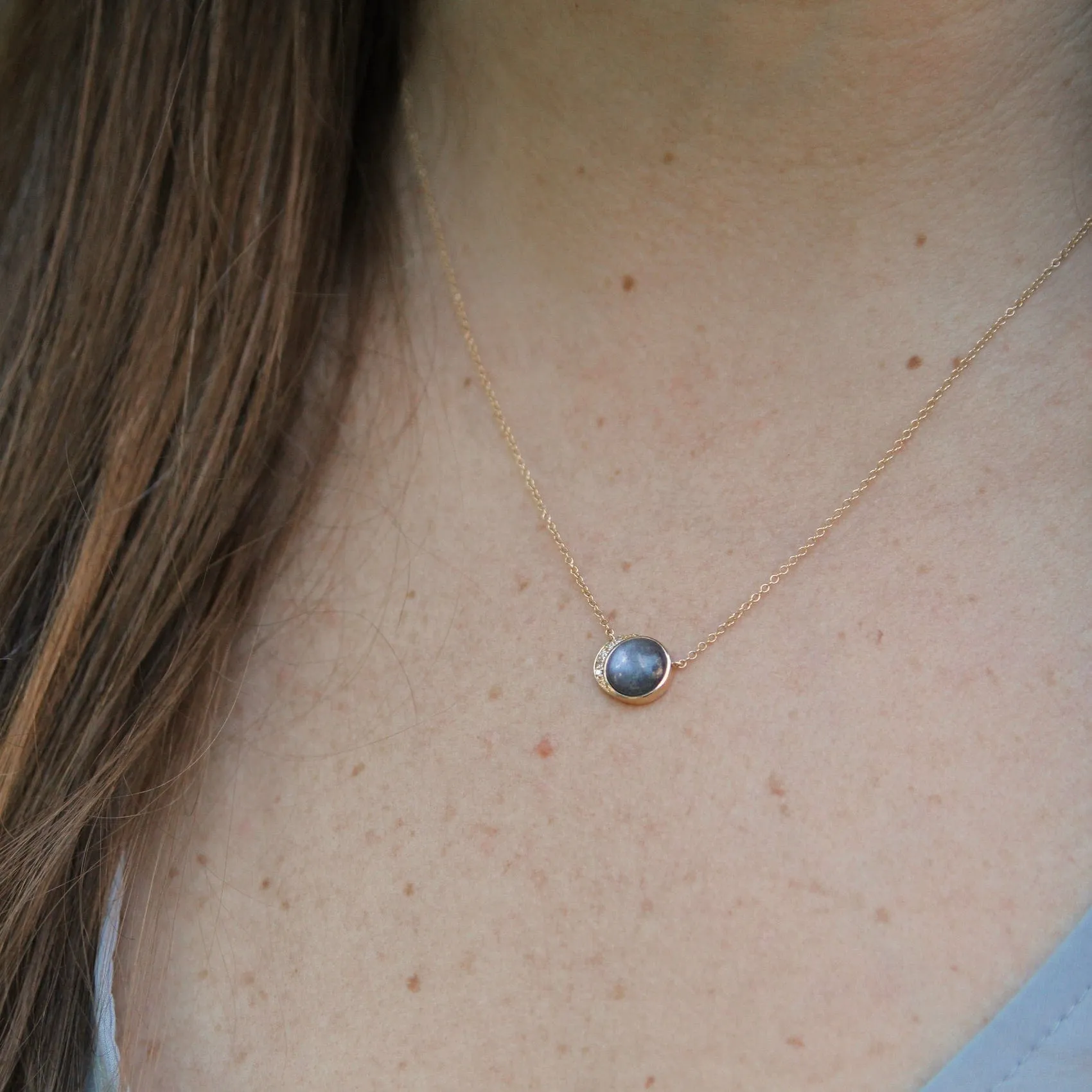 14k Yellow Gold Moon Phase Necklace with Bezel Set Grey Moonstone