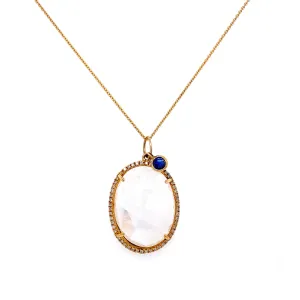 14K Yellow Gold Round Diamond   Oval Rainbow Moonstone & Sapphire Pendant