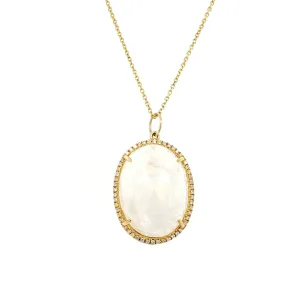 14K Yellow Gold Round Diamond   Oval Rainbow Moonstone Pendant