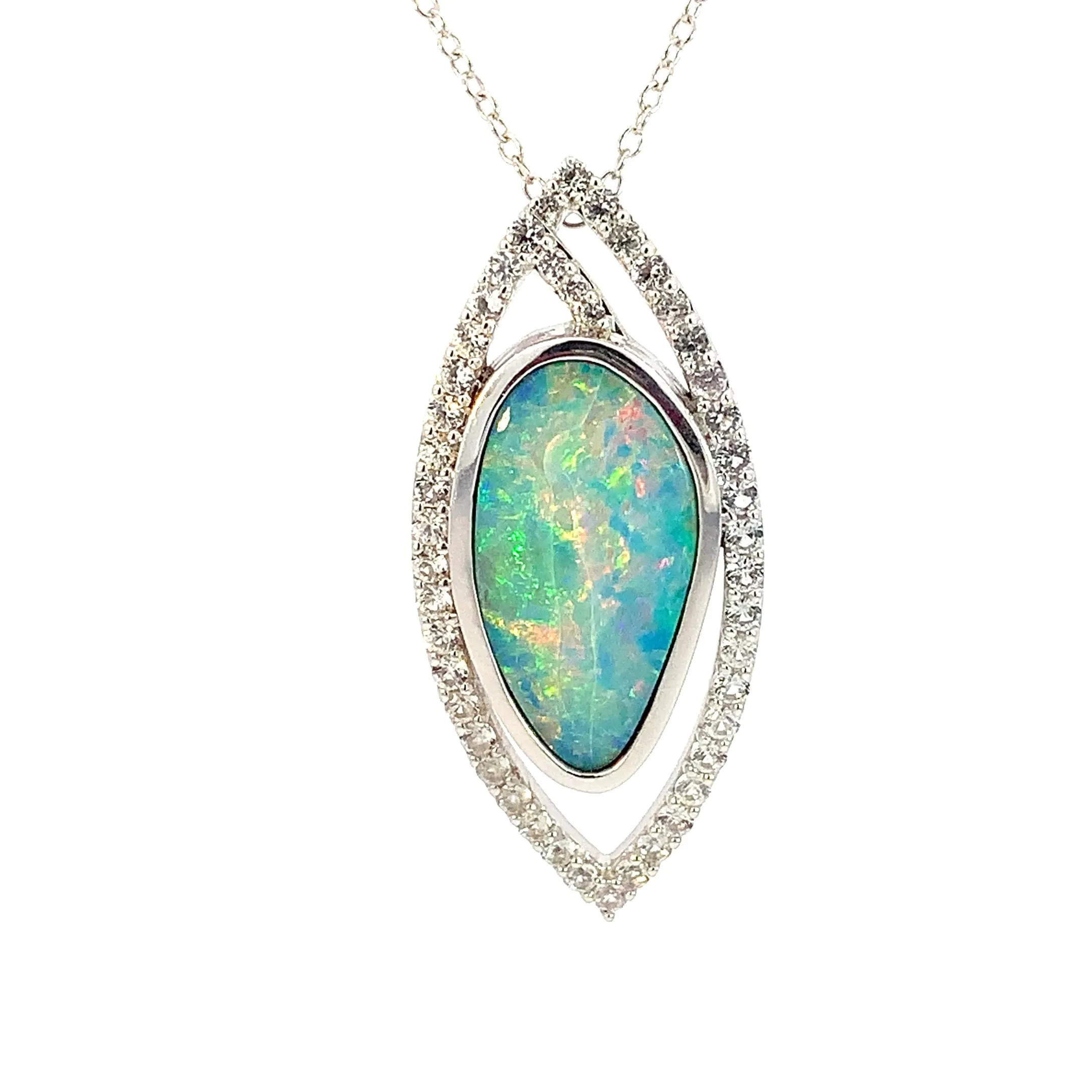 14kt White Gold Black Opal doublet freeform and White Sapphire pendant