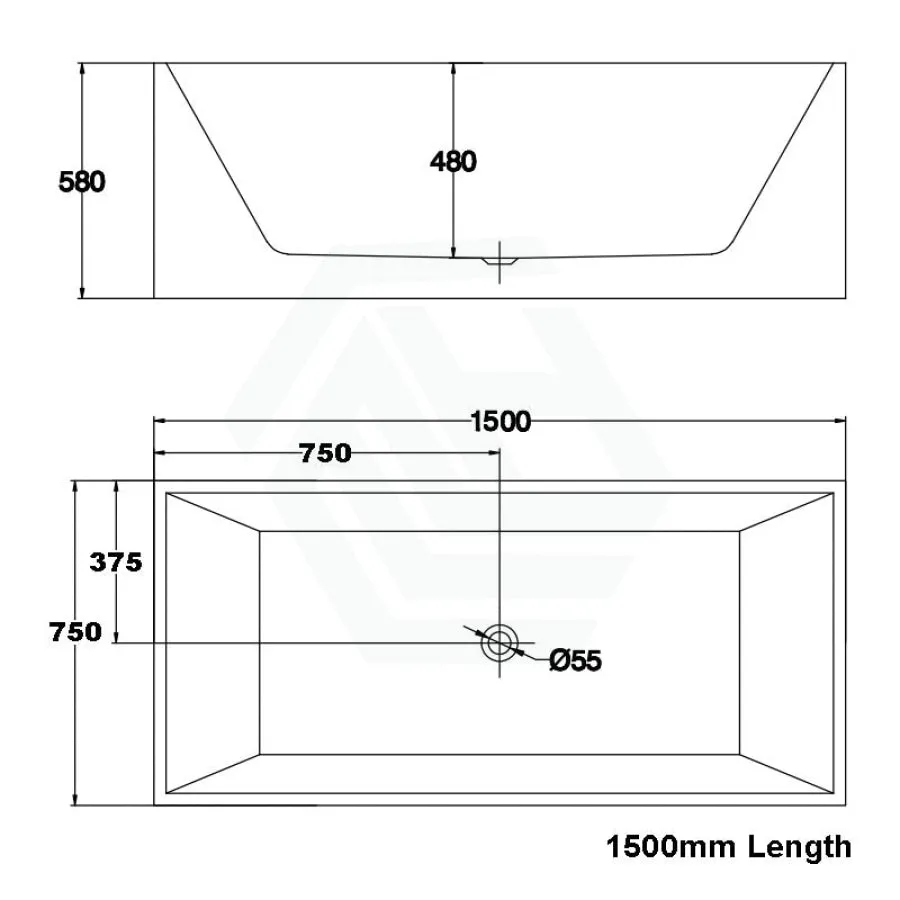 1500/1700mm Bathtub Multi fit Corner Back to Wall Freestanding Square Acrylic Gloss Black & White NO Overflow