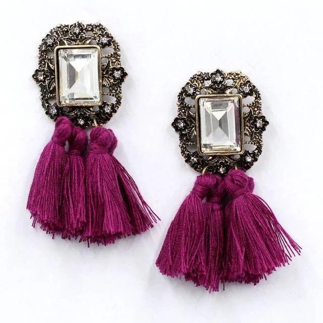 16 Colors, Crystal Square Tassel Stud Fringe Earrings