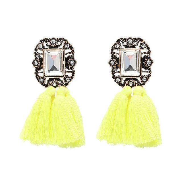 16 Colors, Crystal Square Tassel Stud Fringe Earrings