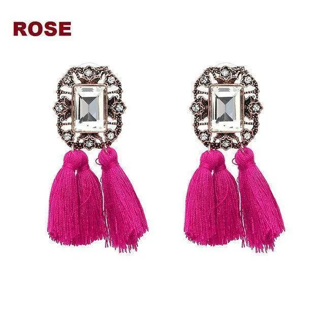 16 Colors, Crystal Square Tassel Stud Fringe Earrings