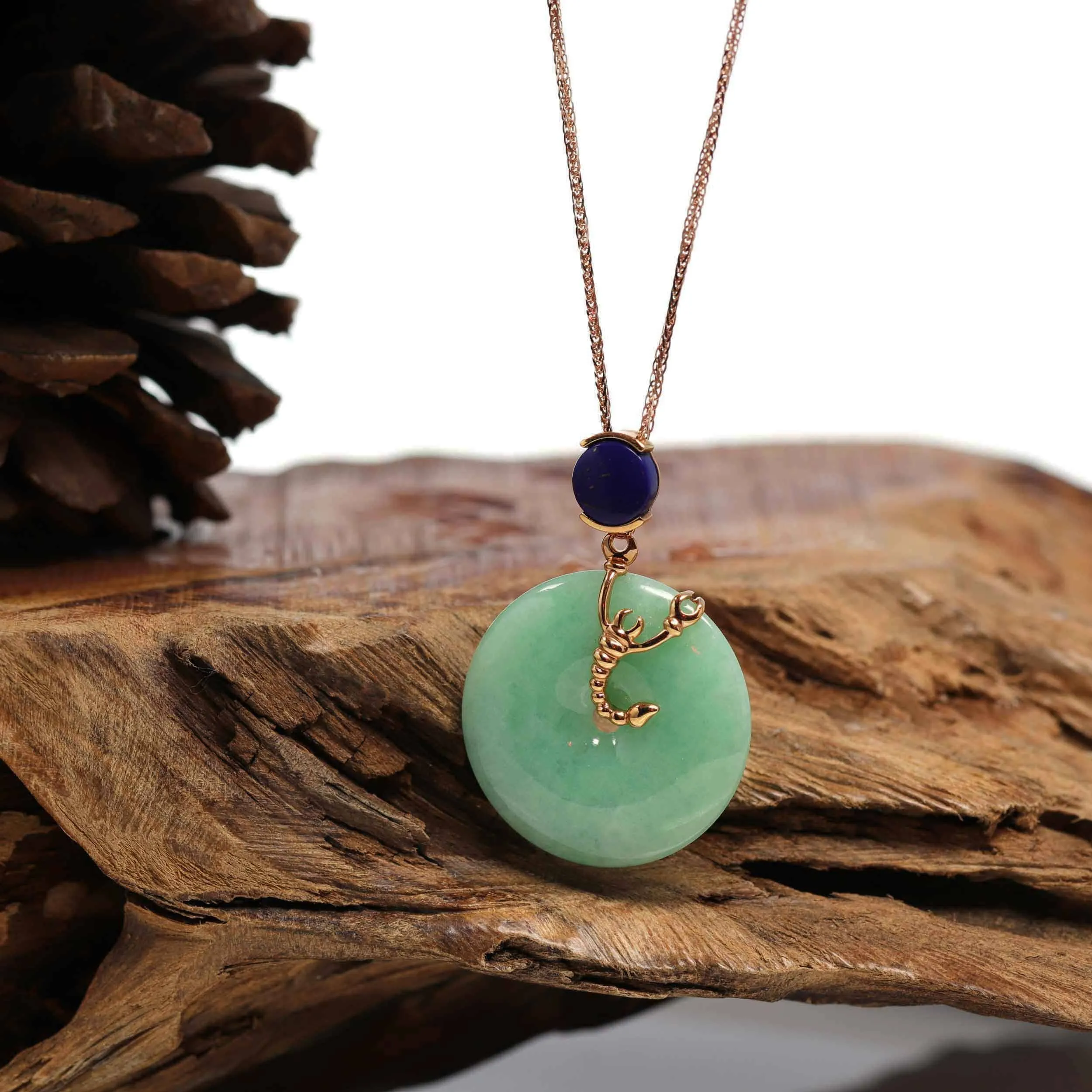 18k Rose Gold Genuine Burmese Jadeite Constellation (Scorpio) Necklace Pendant With Lapis Bail