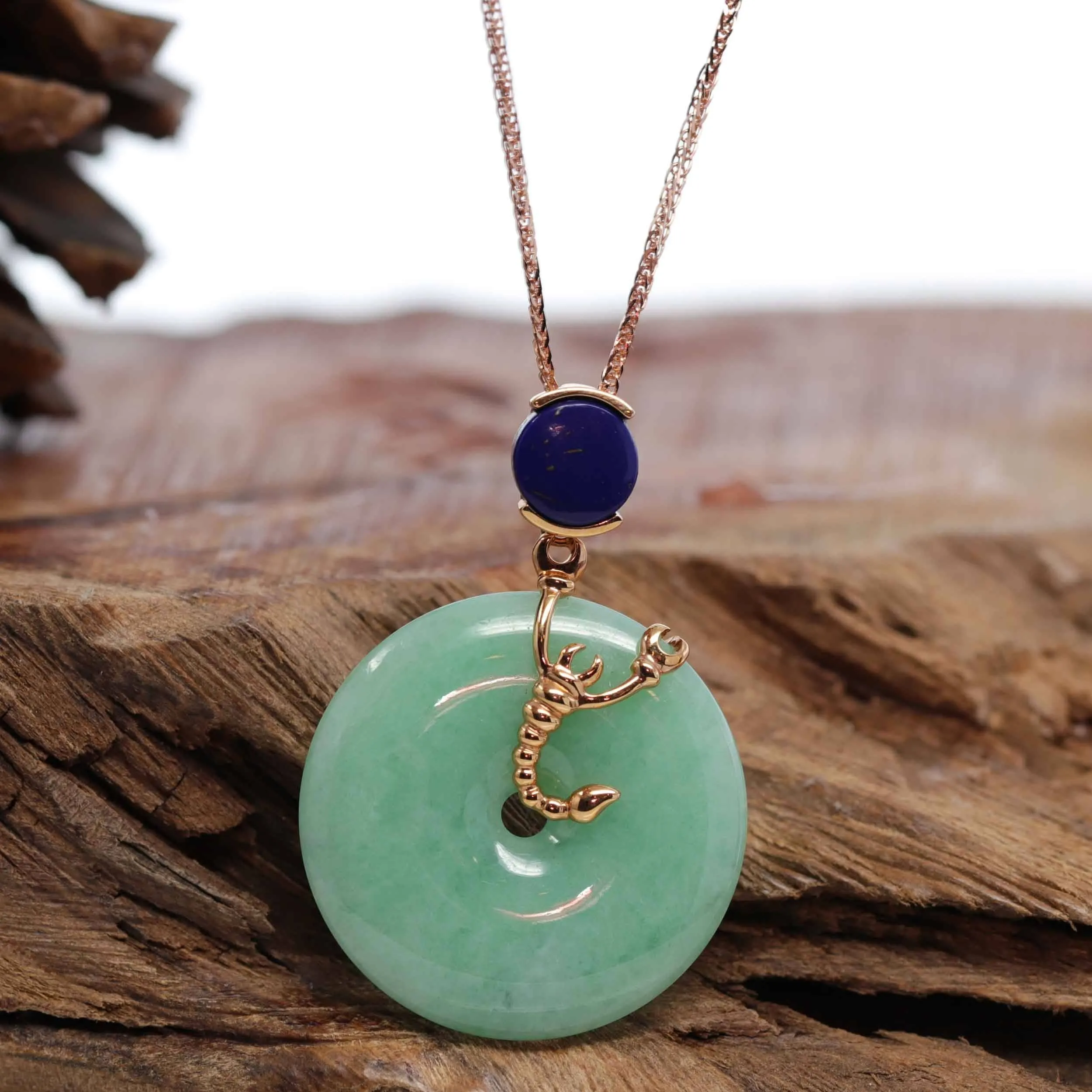 18k Rose Gold Genuine Burmese Jadeite Constellation (Scorpio) Necklace Pendant With Lapis Bail