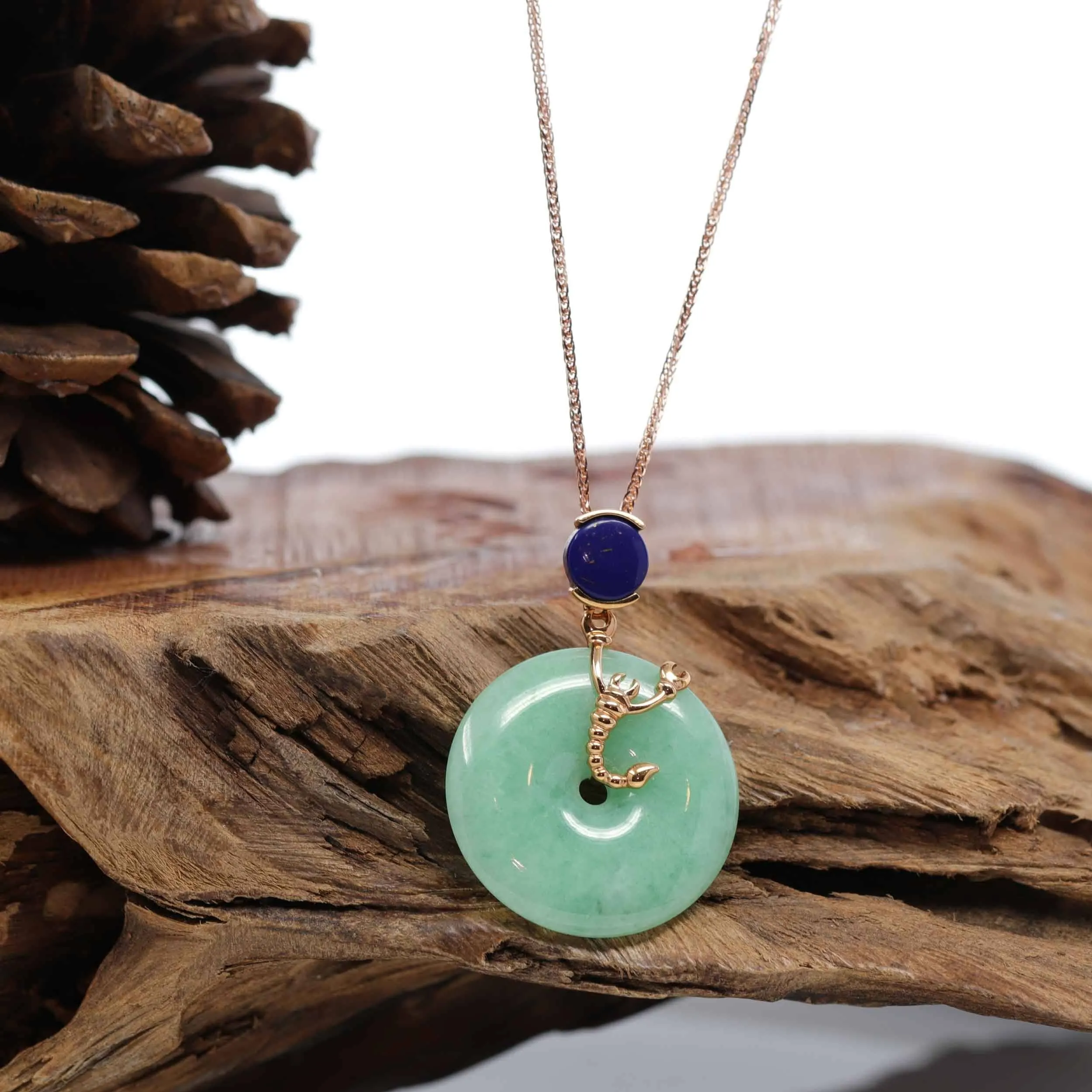 18k Rose Gold Genuine Burmese Jadeite Constellation (Scorpio) Necklace Pendant With Lapis Bail