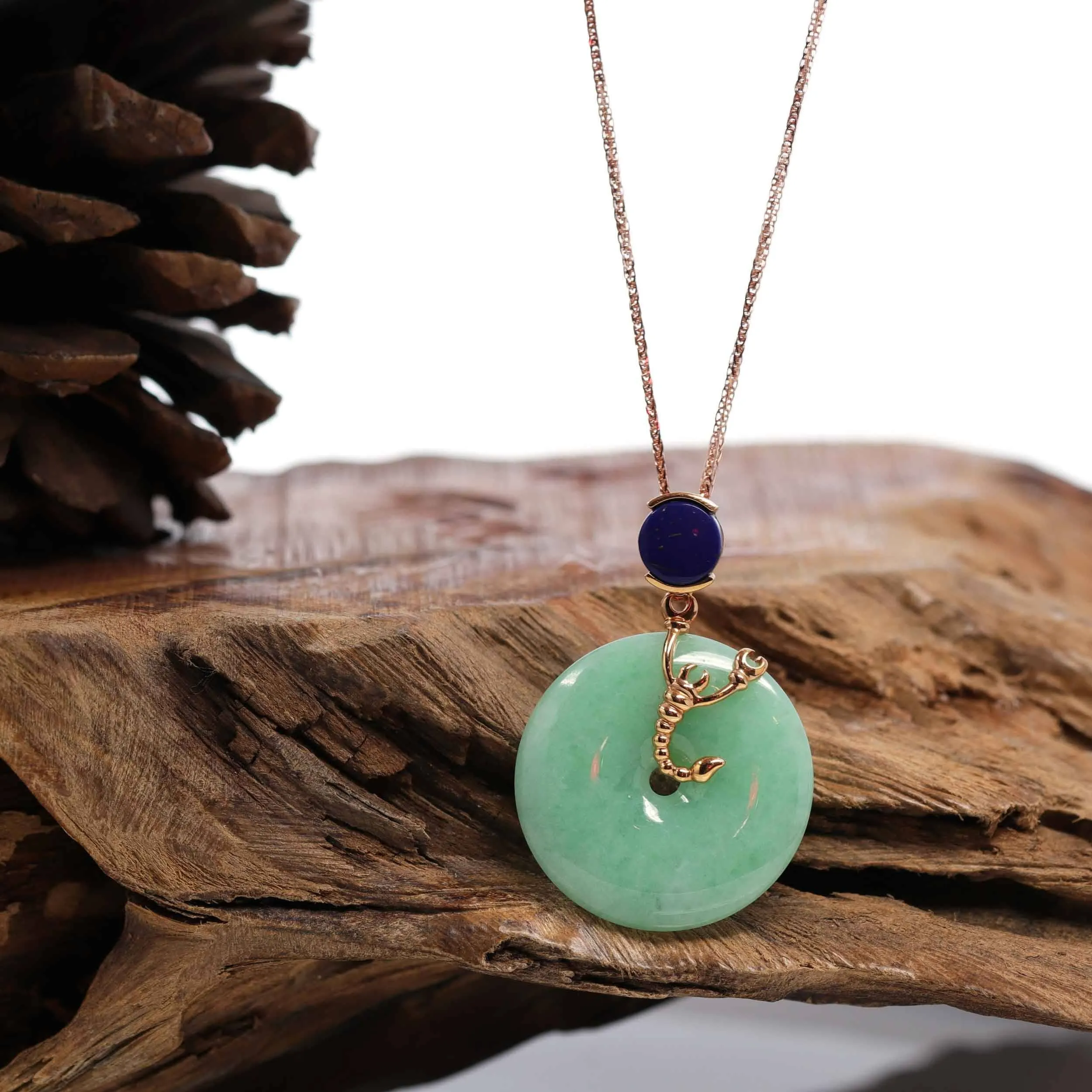 18k Rose Gold Genuine Burmese Jadeite Constellation (Scorpio) Necklace Pendant With Lapis Bail