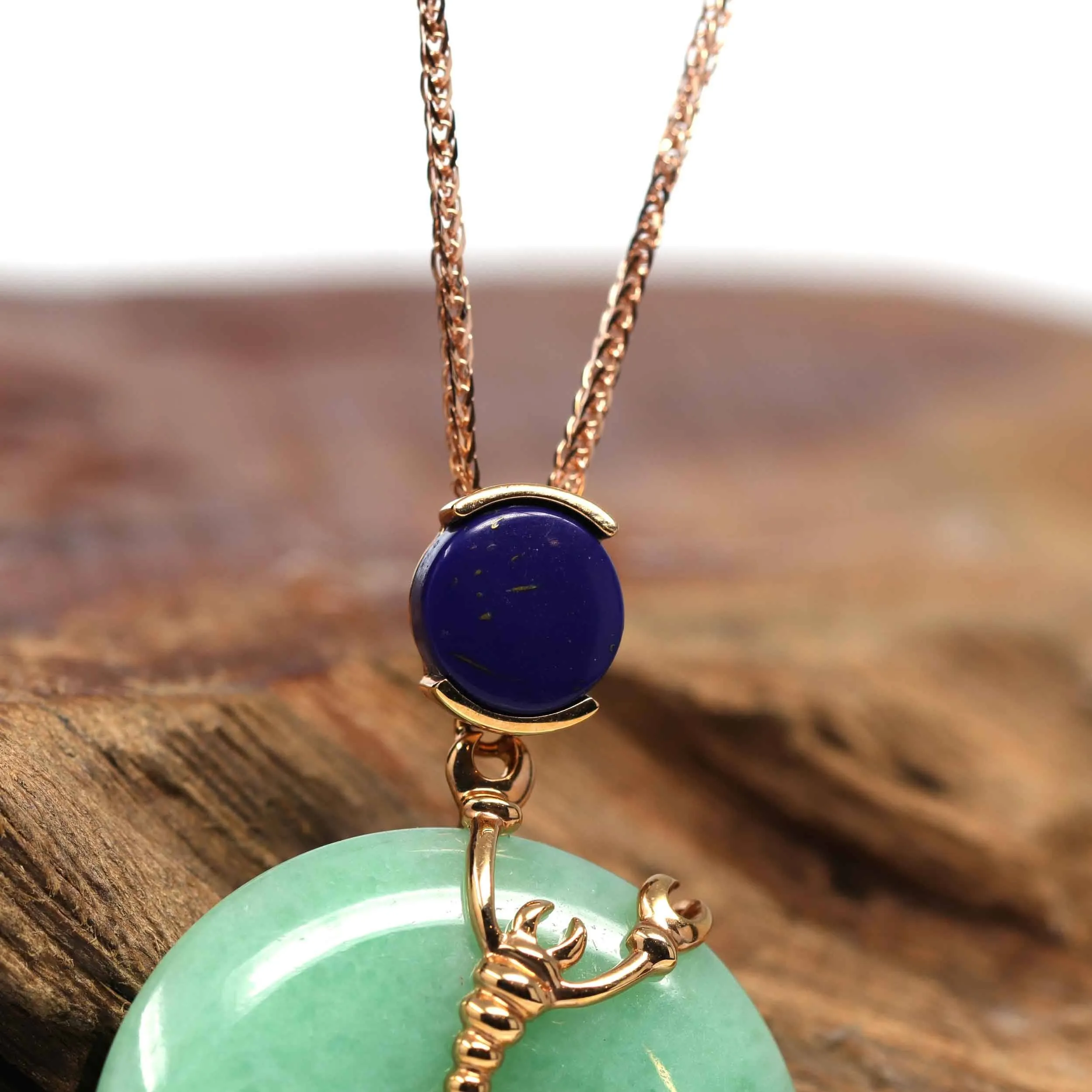 18k Rose Gold Genuine Burmese Jadeite Constellation (Scorpio) Necklace Pendant With Lapis Bail