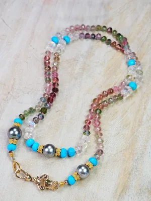 18K Yellow Gold Watermelon Tourmaline, Tahitian Pearl, Sleeping Beauty Turquoise, Rainbow Moonstone Multi Gemstone Long Necklace with Antique Inspired Hand Fist Clasp