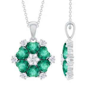 2 CT Heart Shape Created Emerald and Diamond Flower Pendant