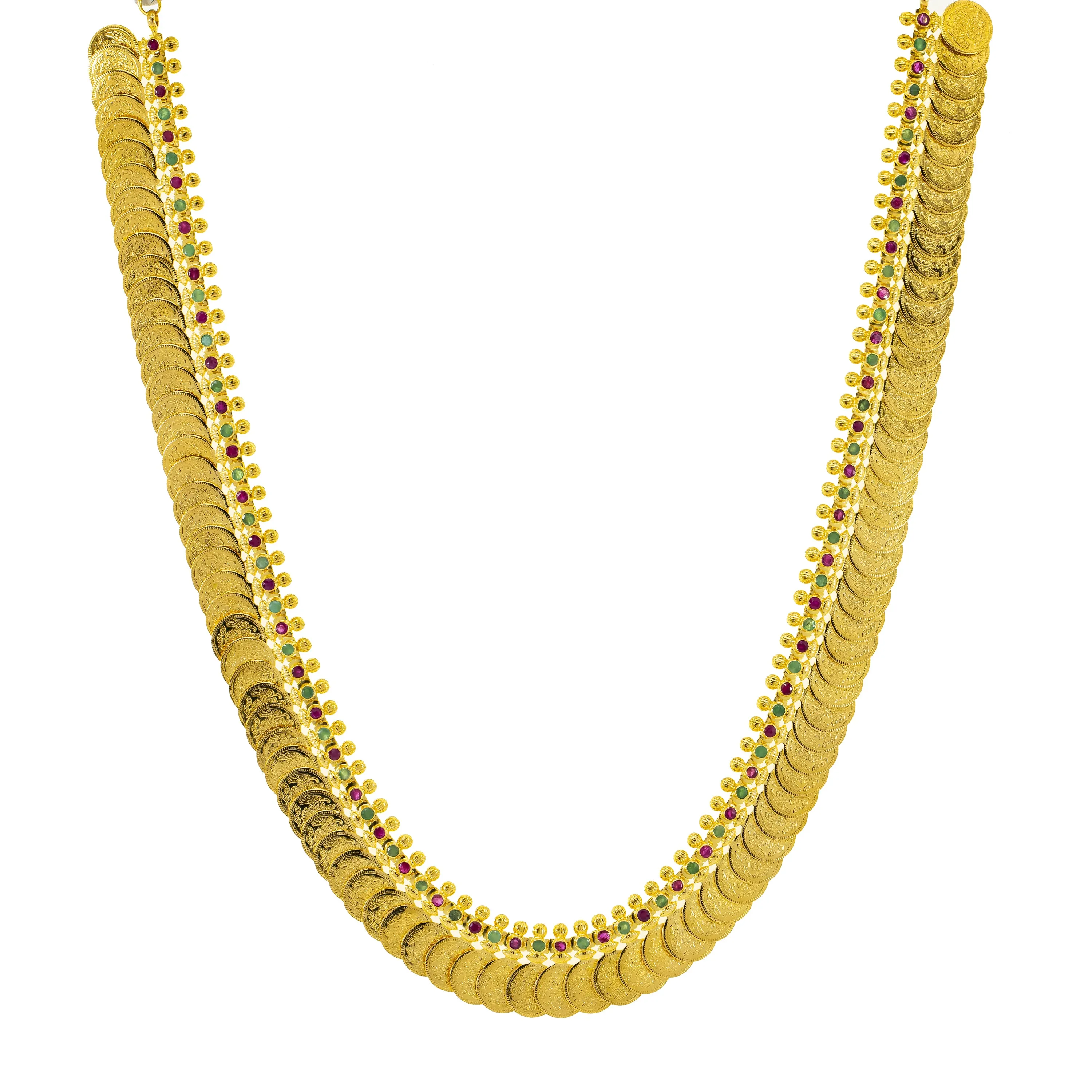 22K Yellow Gold 26-inch Kasu Necklace w/ Emerald & Ruby Accents (71.1gm)