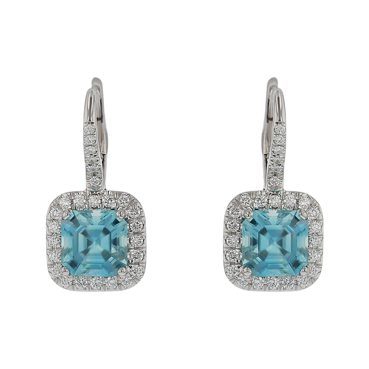 5.03ct Emerald Cut Blue Zircon and 0.46ct Diamond Halo Earrings in 18K White Gold