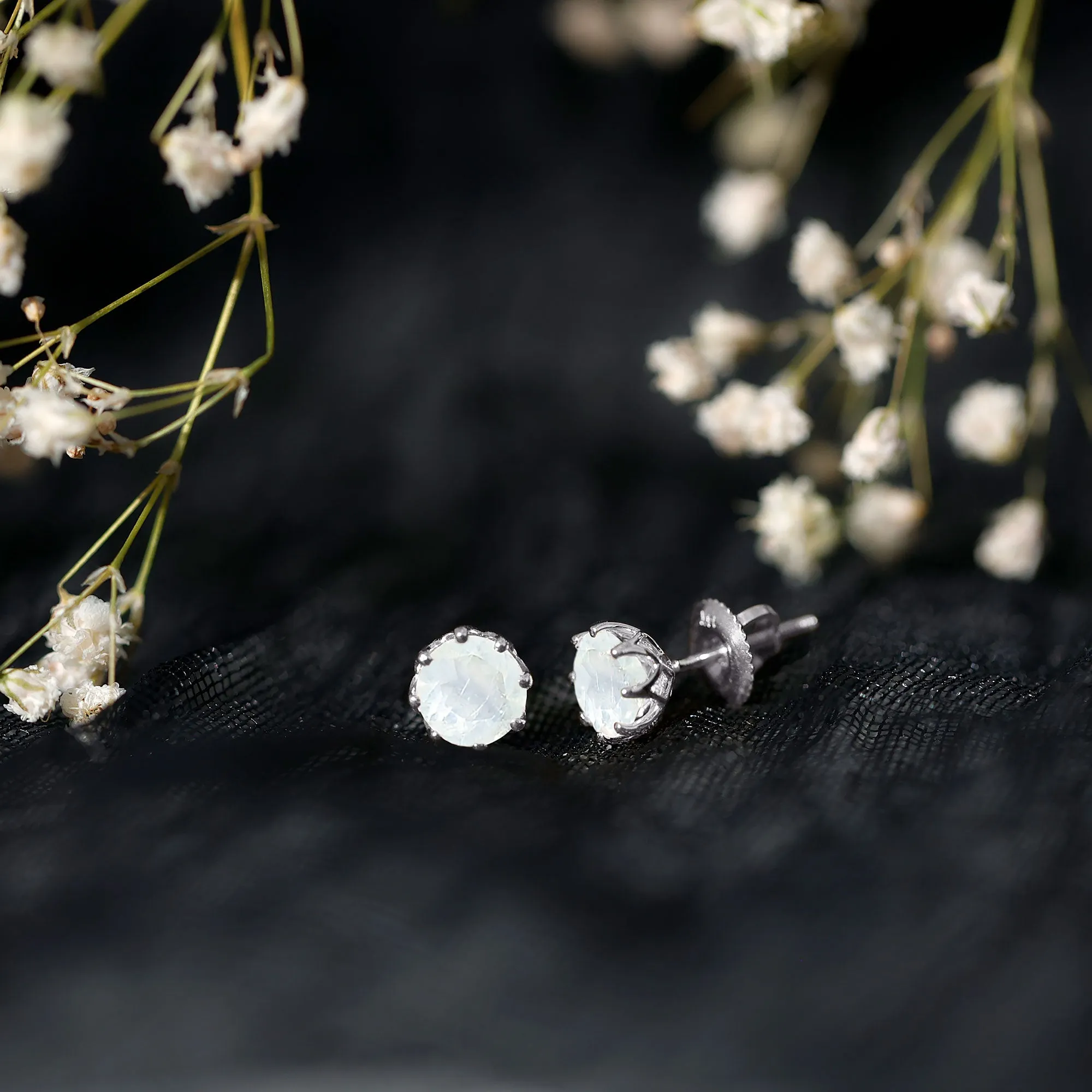 6 MM Decorative Moonstone Solitaire Stud Earrings