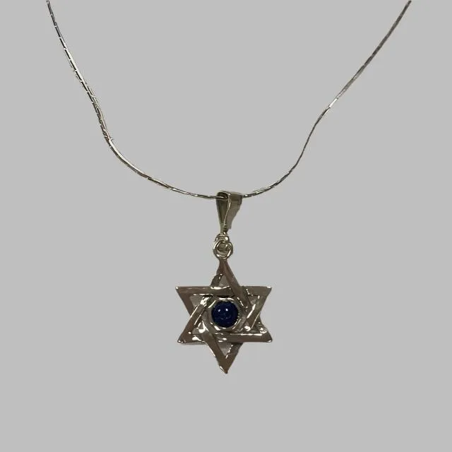 925 Sterling Silver Star of David Necklace Genuine Lapis Lazuli Magen David Pendant