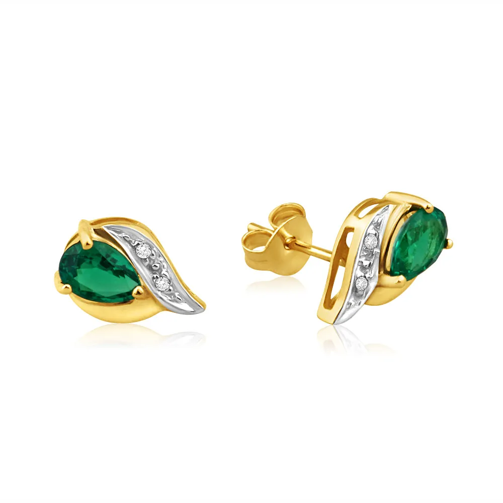 9ct Alluring Yellow Gold Created Emerald   Diamond Stud Earrings