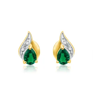 9ct Alluring Yellow Gold Created Emerald   Diamond Stud Earrings