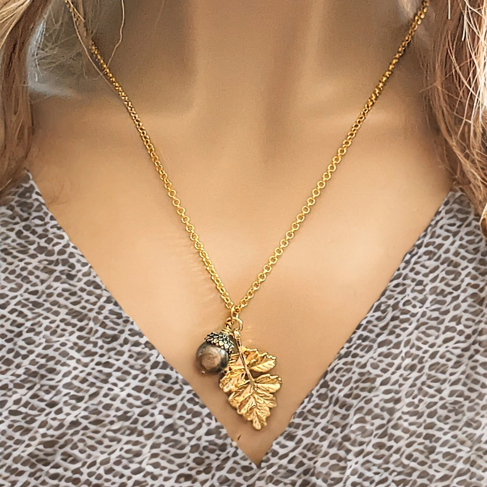 Acorn Oak Leaf Necklace, Gold