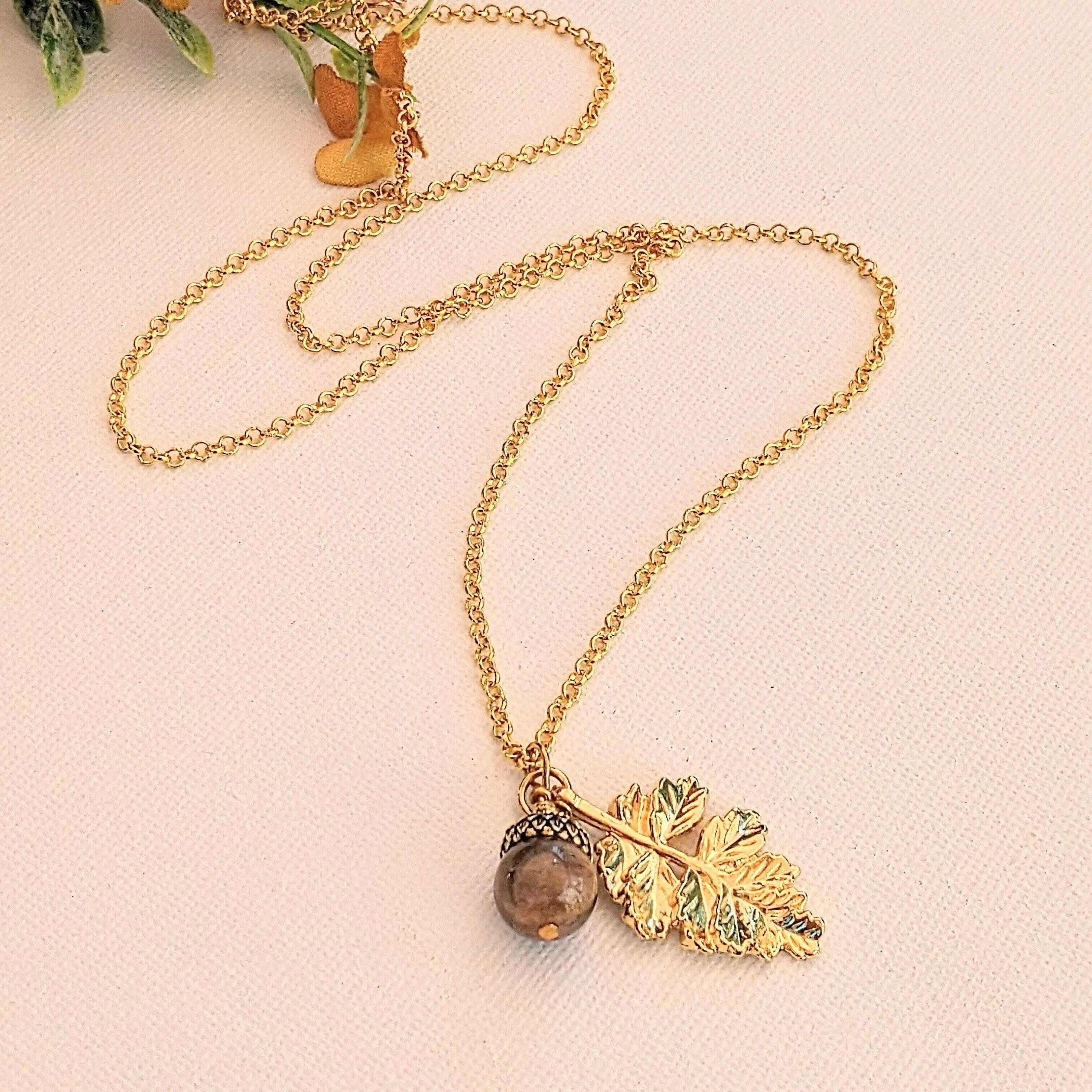 Acorn Oak Leaf Necklace, Gold