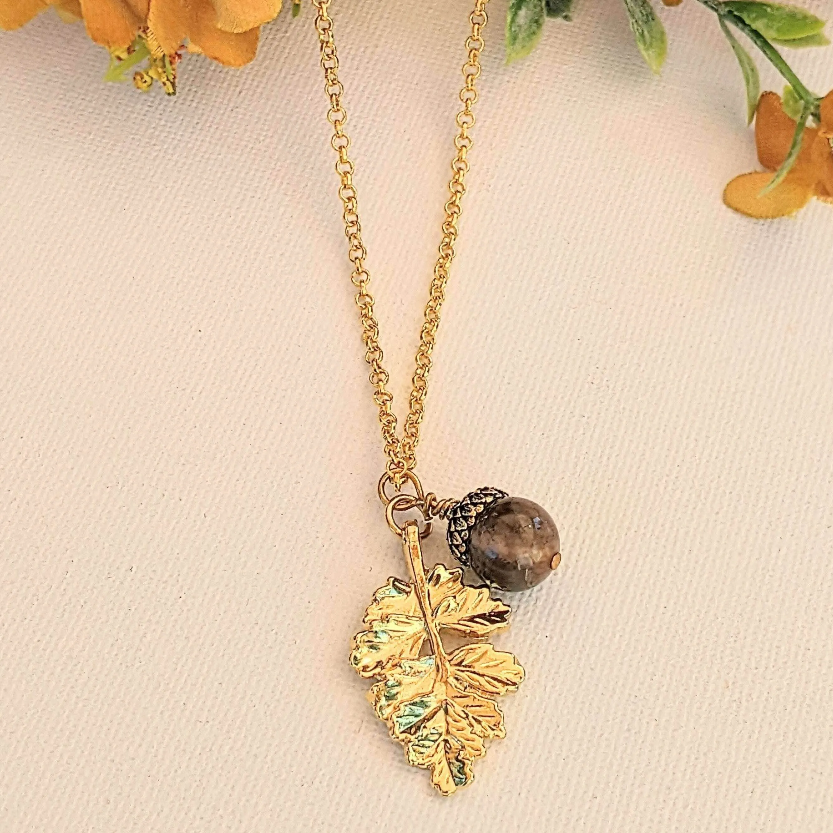 Acorn Oak Leaf Necklace, Gold