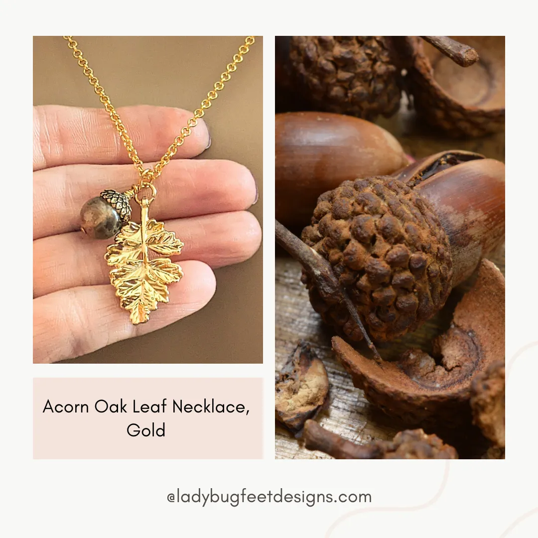 Acorn Oak Leaf Necklace, Gold