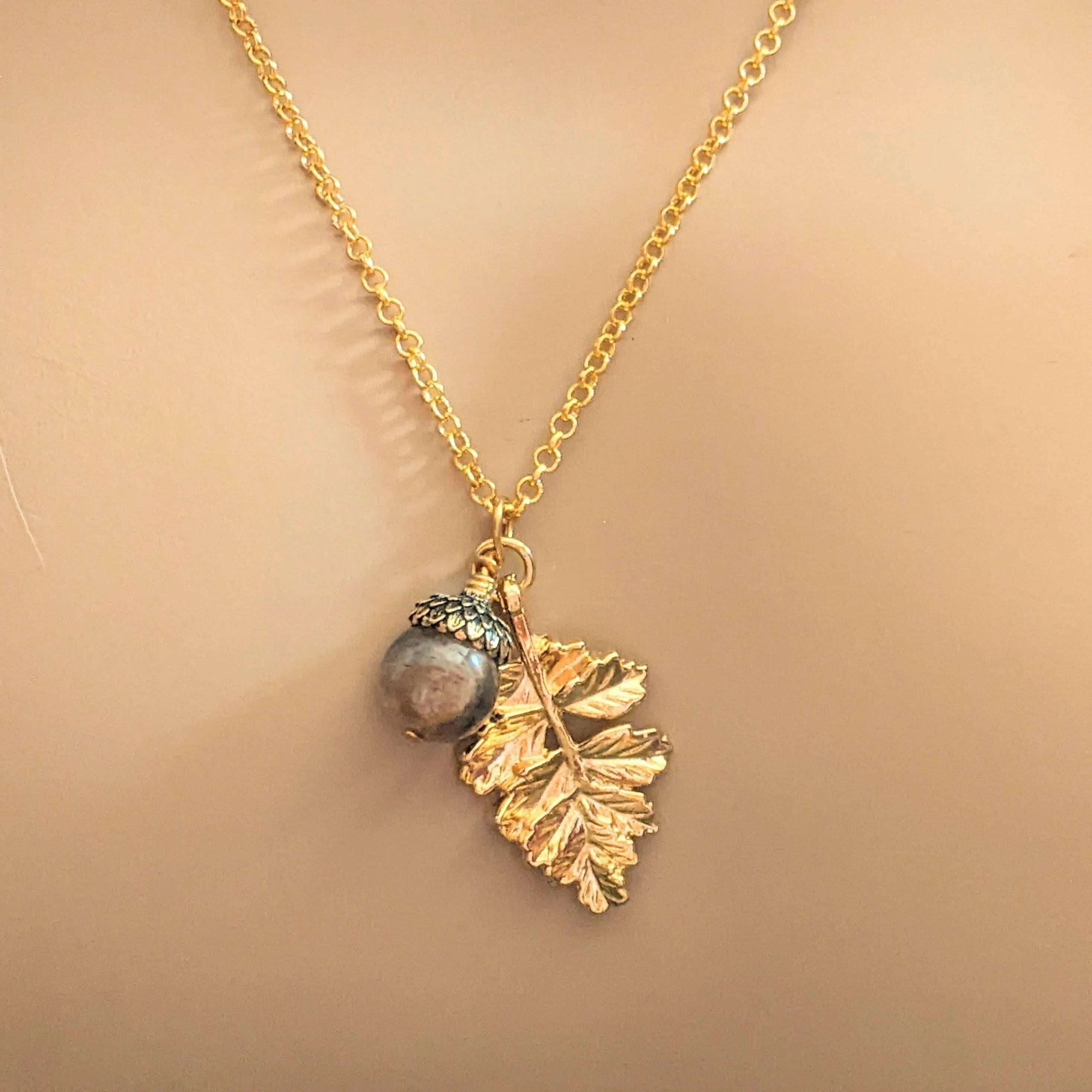 Acorn Oak Leaf Necklace, Gold